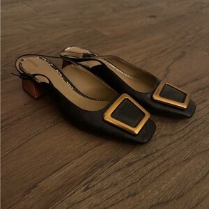 Slingback Block Heels with Gold Buckle
